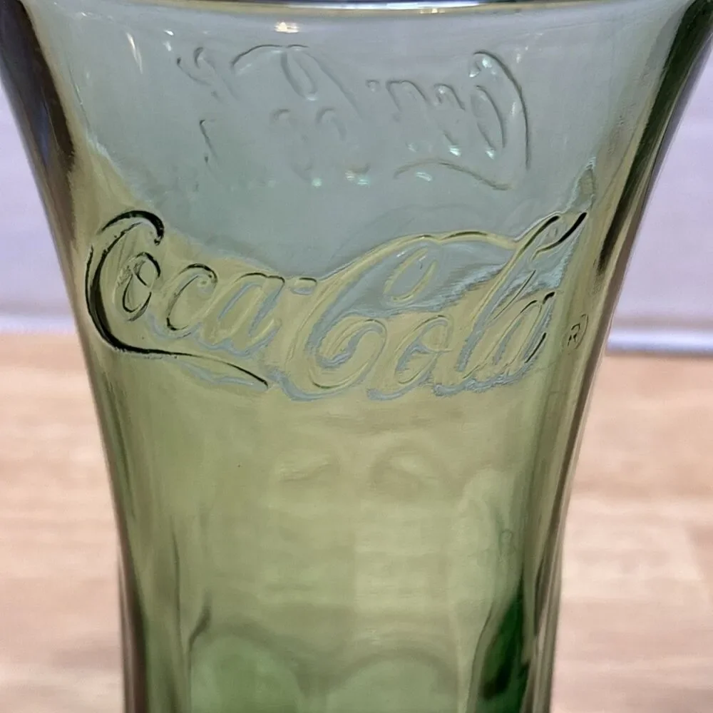 LIBBEY COCA COLA Flared Green Glass Tumblers Embossed 14oz Set of 2
